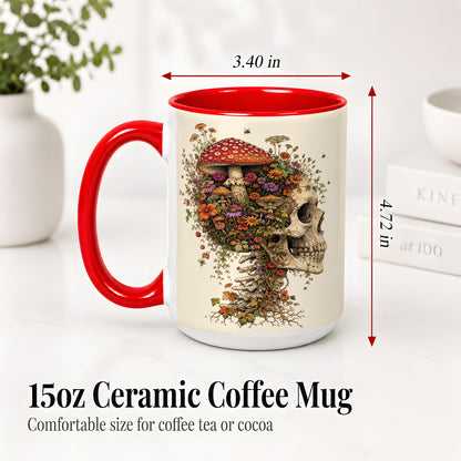 #pl[15oz|Red] Mushroom Skull Ceramic Mug, Botanical Wildflower Autumn Artwork