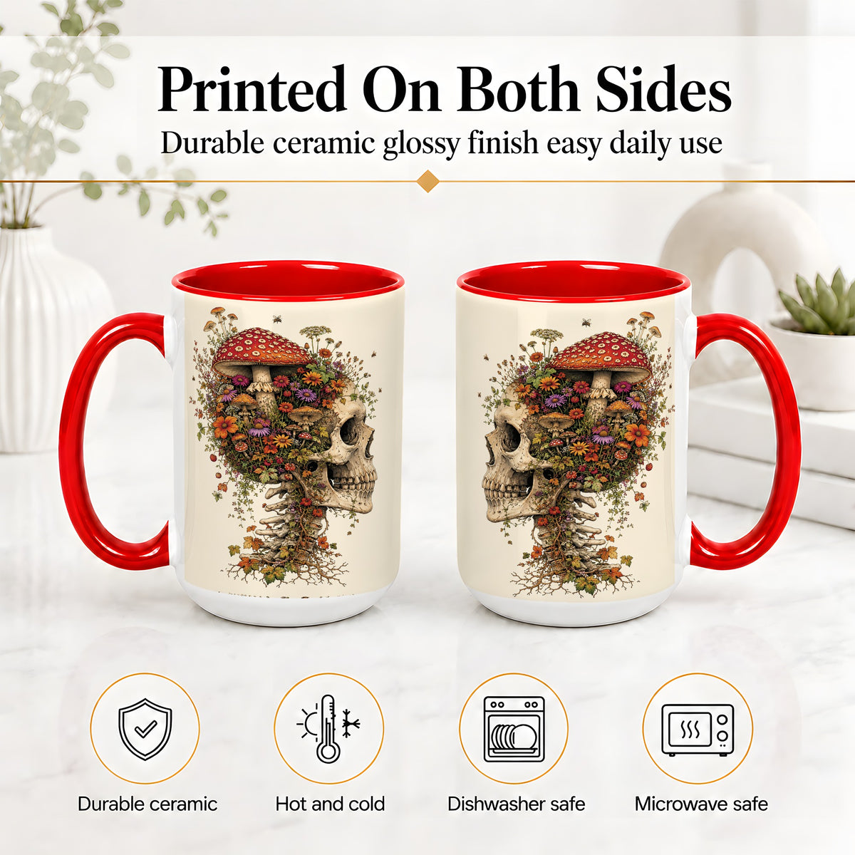 #pl[15oz|Red] Mushroom Skull Ceramic Mug, Botanical Wildflower Autumn Artwork