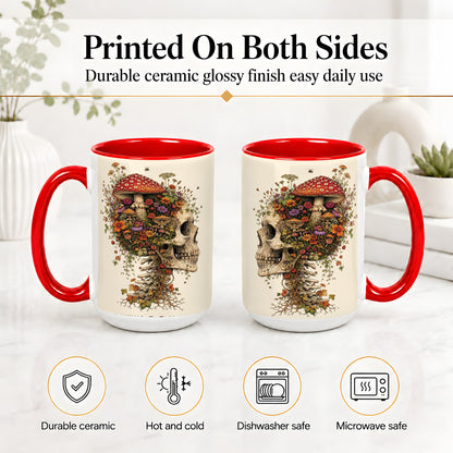 #pl[15oz|Red] Mushroom Skull Ceramic Mug, Botanical Wildflower Autumn Artwork
