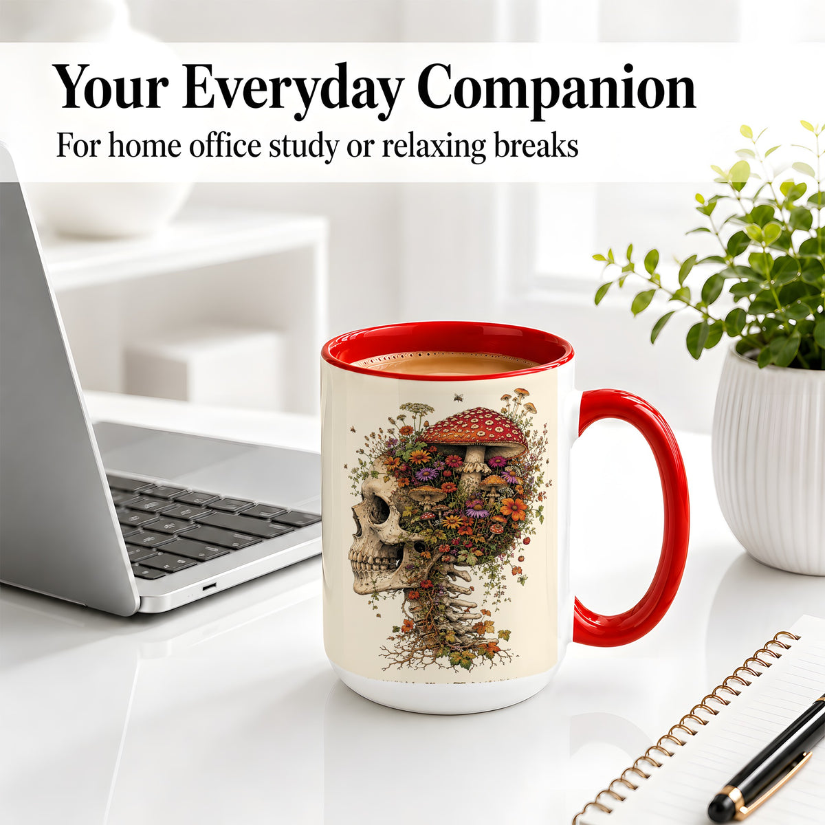 #pl[15oz|Red] Mushroom Skull Ceramic Mug, Botanical Wildflower Autumn Artwork