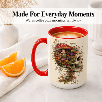 #pl[15oz|Red] Mushroom Skull Ceramic Mug, Botanical Wildflower Autumn Artwork