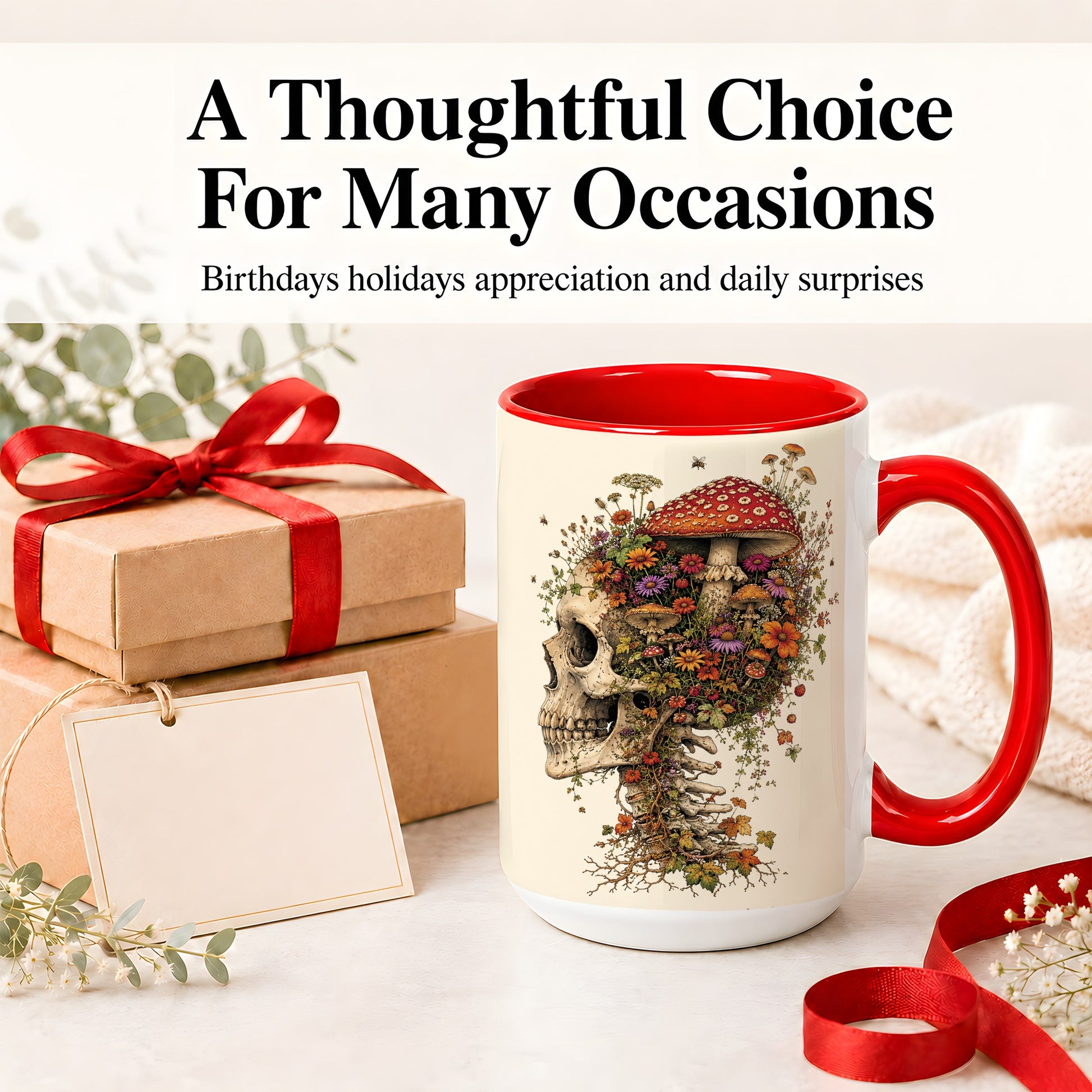 #pl[15oz|Red] Mushroom Skull Ceramic Mug, Botanical Wildflower Autumn Artwork