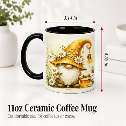 #pl[11oz|Black] Honey Bee Gnome Ceramic Mug, Daisy Honeycomb Garden Floral Art