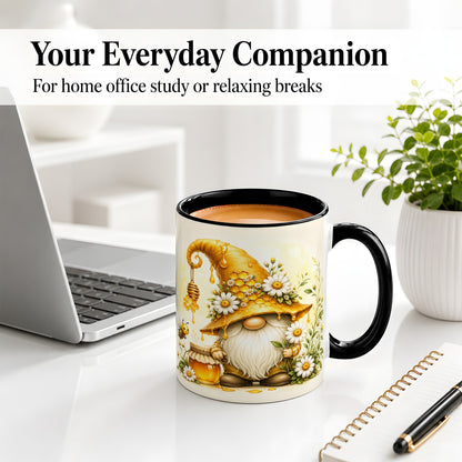 #pl[11oz|Black] Honey Bee Gnome Ceramic Mug, Daisy Honeycomb Garden Floral Art