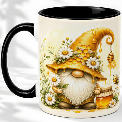 #pl[11oz|Black] Honey Bee Gnome Ceramic Mug, Daisy Honeycomb Garden Floral Art