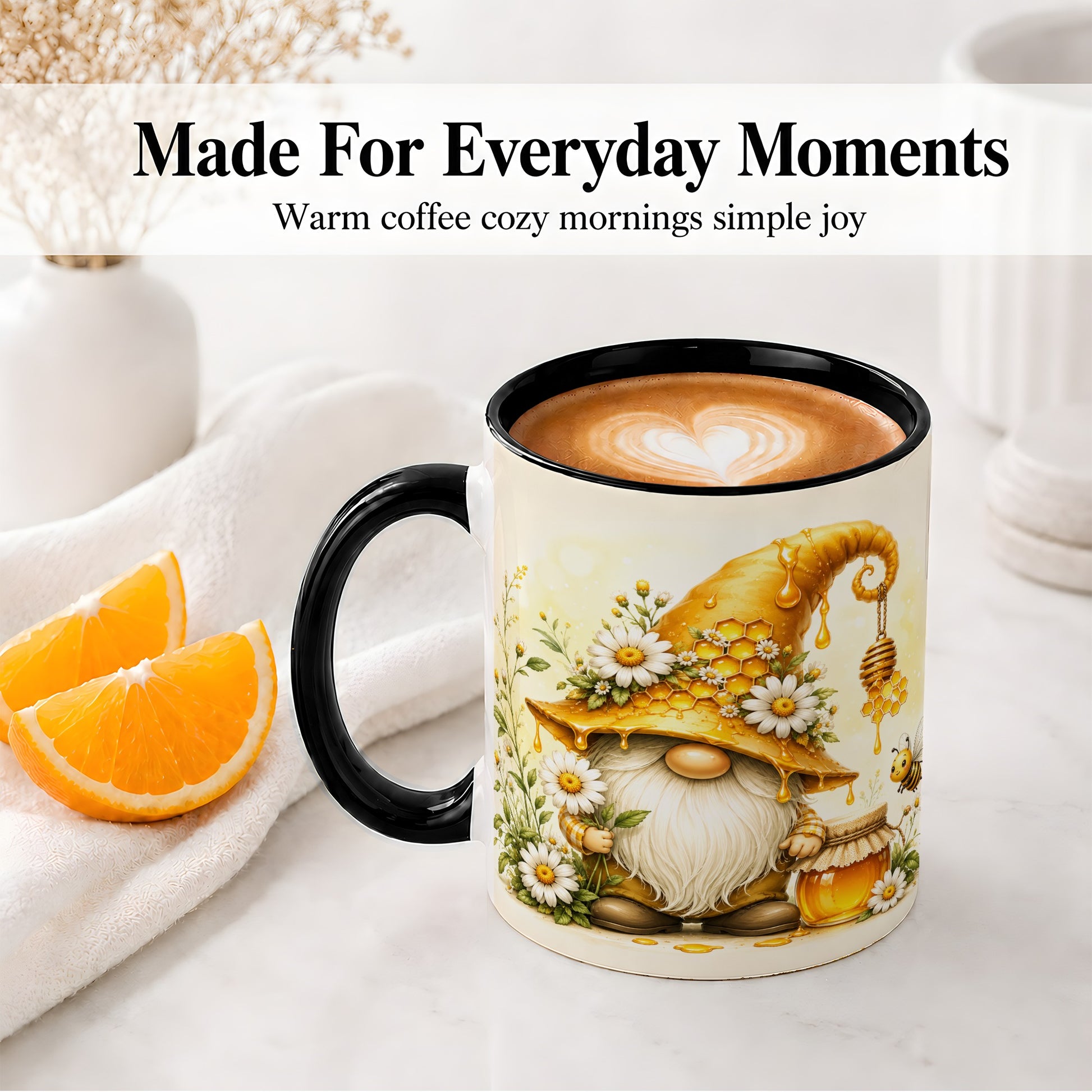 #pl[11oz|Black] Honey Bee Gnome Ceramic Mug, Daisy Honeycomb Garden Floral Art
