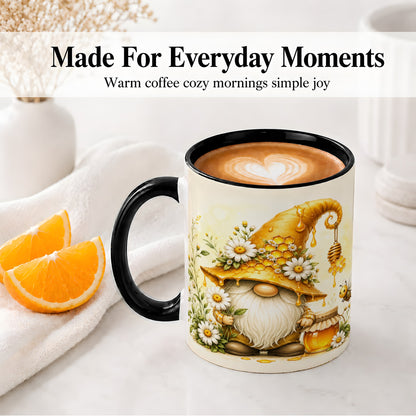 #pl[11oz|Black] Honey Bee Gnome Ceramic Mug, Daisy Honeycomb Garden Floral Art