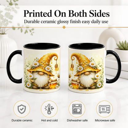 #pl[11oz|Black] Honey Bee Gnome Ceramic Mug, Daisy Honeycomb Garden Floral Art