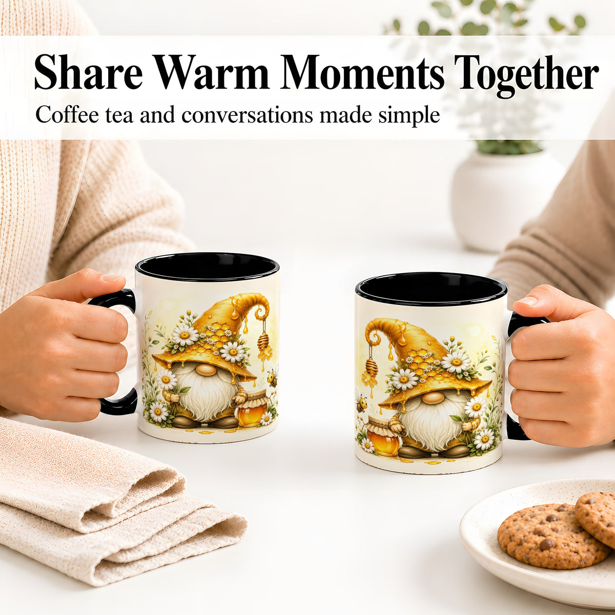 #pl[11oz|Black] Honey Bee Gnome Ceramic Mug, Daisy Honeycomb Garden Floral Art