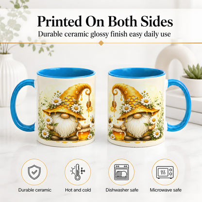 #pl[11oz|Blue] Honey Bee Gnome Ceramic Mug, Daisy Honeycomb Garden Floral Art