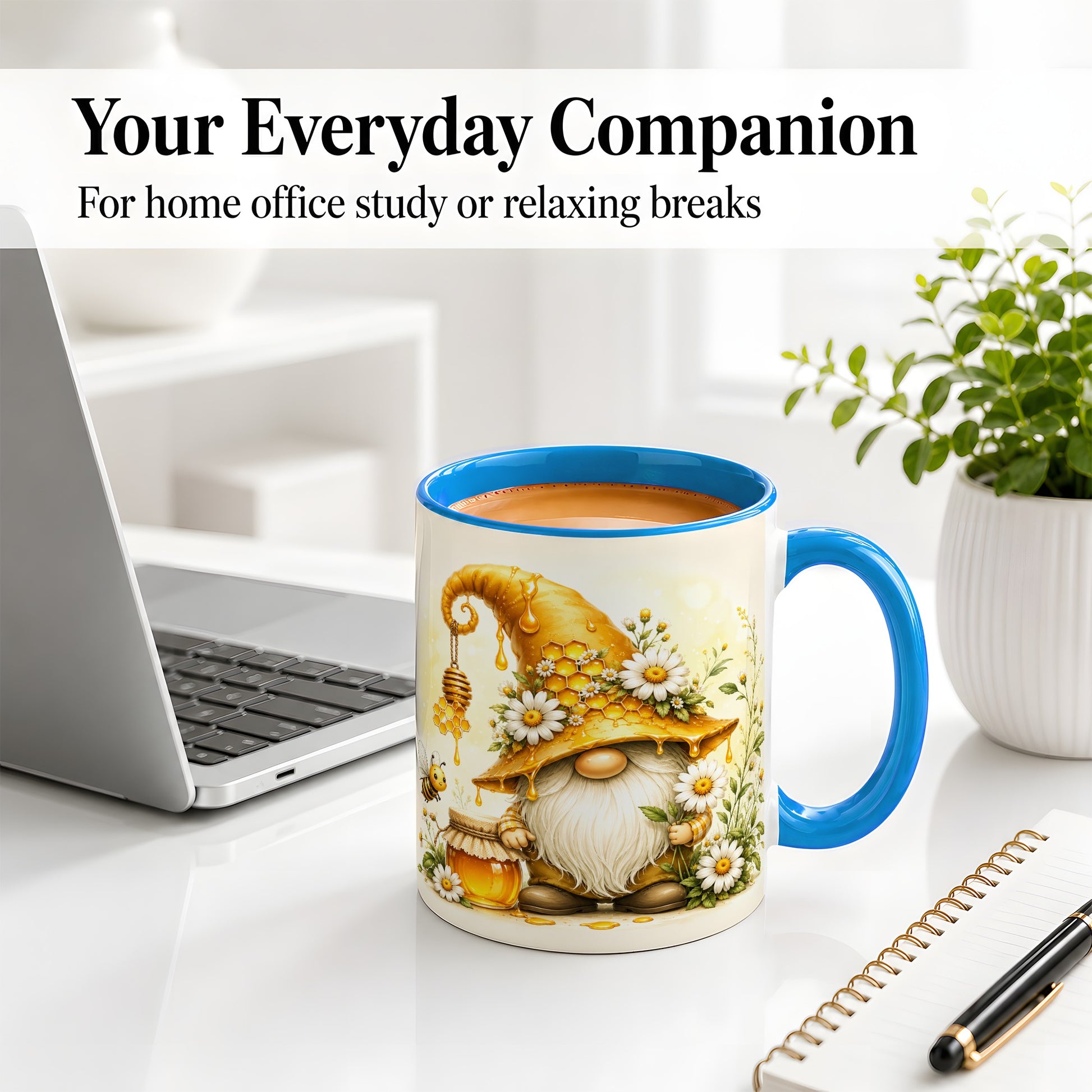 #pl[11oz|Blue] Honey Bee Gnome Ceramic Mug, Daisy Honeycomb Garden Floral Art