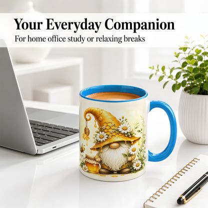 #pl[11oz|Blue] Honey Bee Gnome Ceramic Mug, Daisy Honeycomb Garden Floral Art