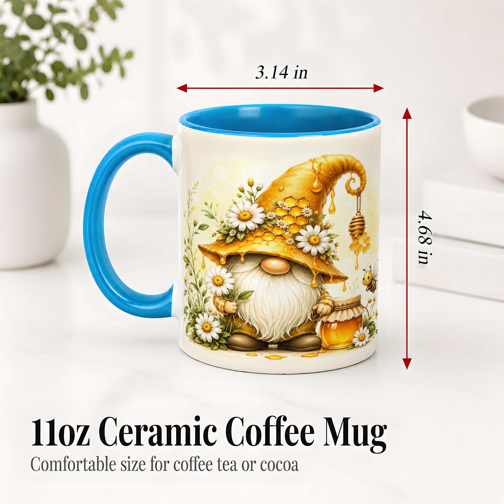 #pl[11oz|Blue] Honey Bee Gnome Ceramic Mug, Daisy Honeycomb Garden Floral Art