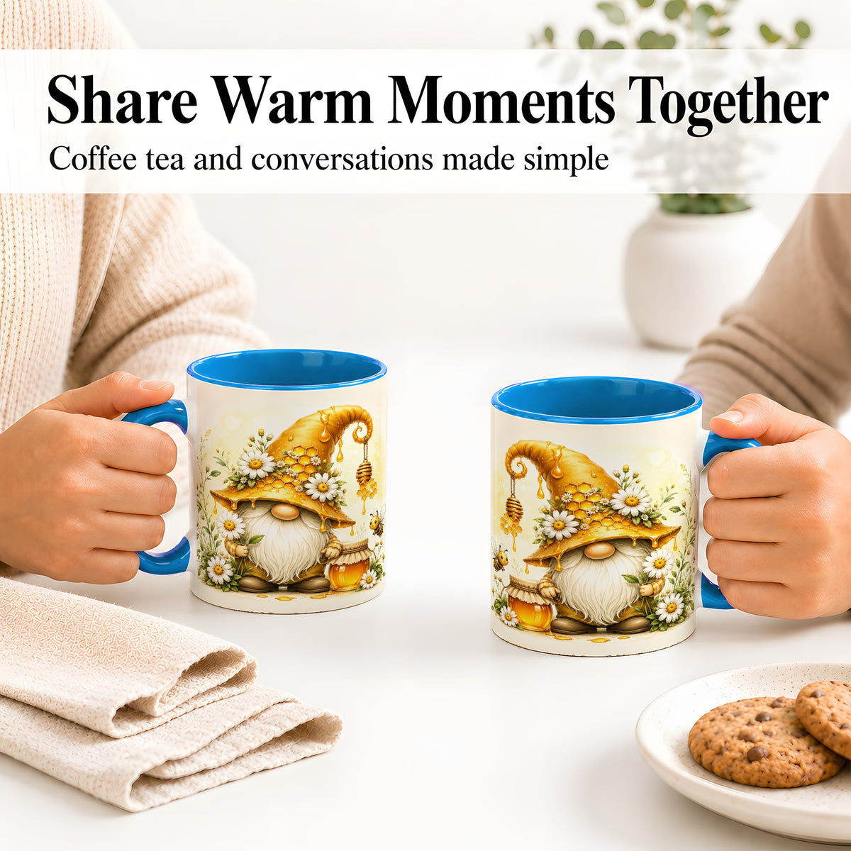 #pl[11oz|Blue] Honey Bee Gnome Ceramic Mug, Daisy Honeycomb Garden Floral Art