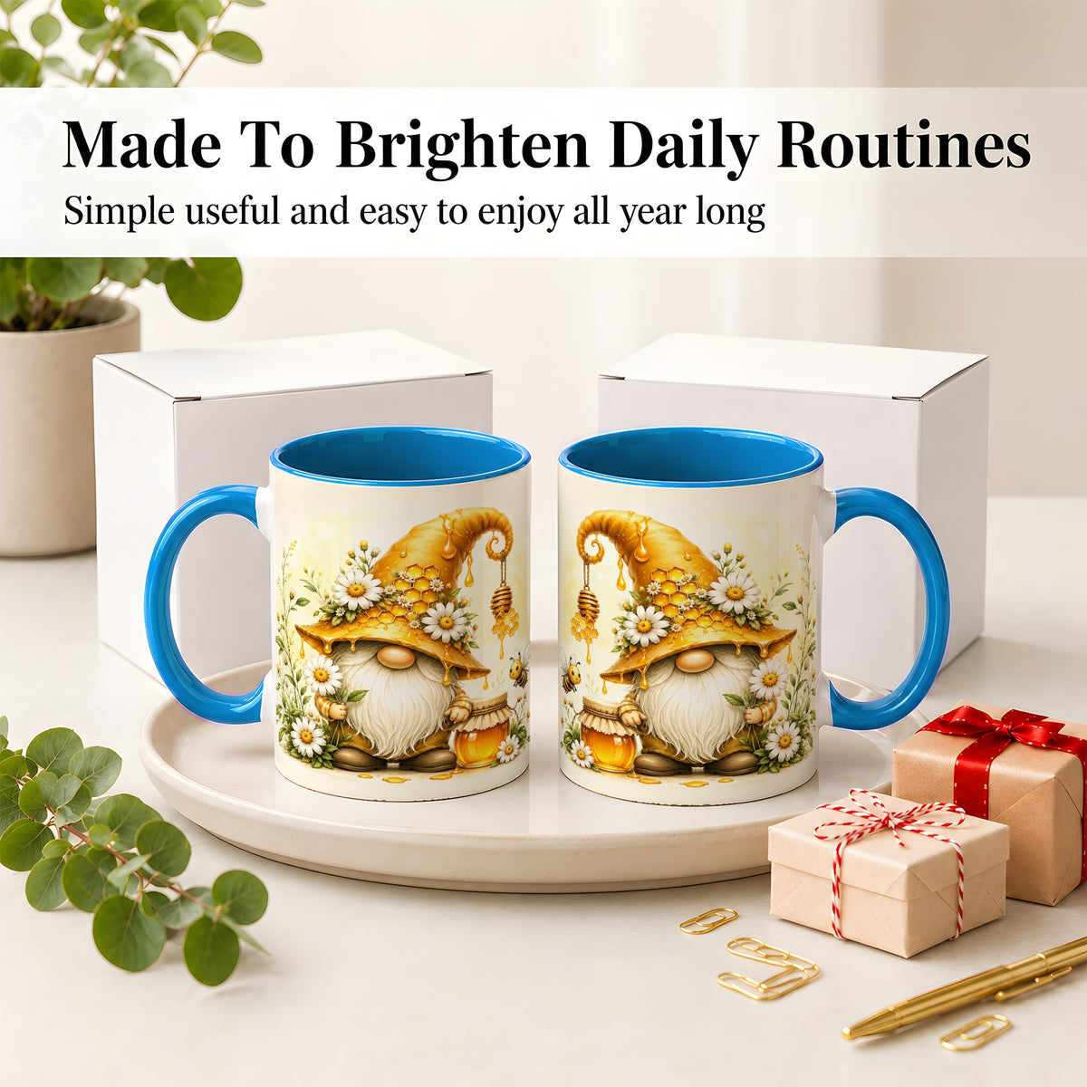 #pl[11oz|Blue] Honey Bee Gnome Ceramic Mug, Daisy Honeycomb Garden Floral Art