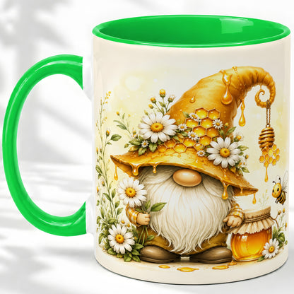 #pl[11oz|Green] Honey Bee Gnome Ceramic Mug, Daisy Honeycomb Garden Floral Art