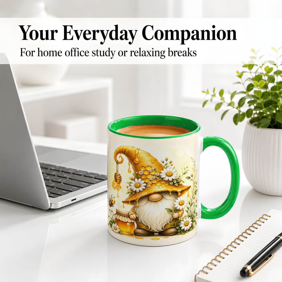 #pl[11oz|Green] Honey Bee Gnome Ceramic Mug, Daisy Honeycomb Garden Floral Art