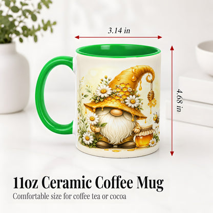 #pl[11oz|Green] Honey Bee Gnome Ceramic Mug, Daisy Honeycomb Garden Floral Art