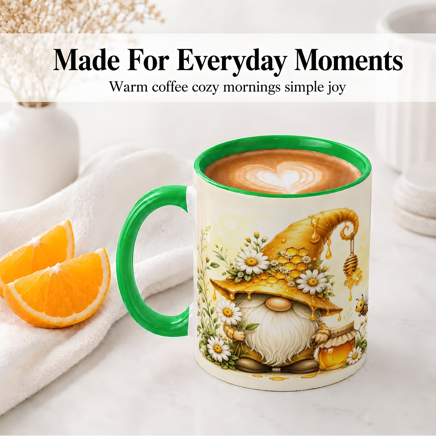 #pl[11oz|Green] Honey Bee Gnome Ceramic Mug, Daisy Honeycomb Garden Floral Art