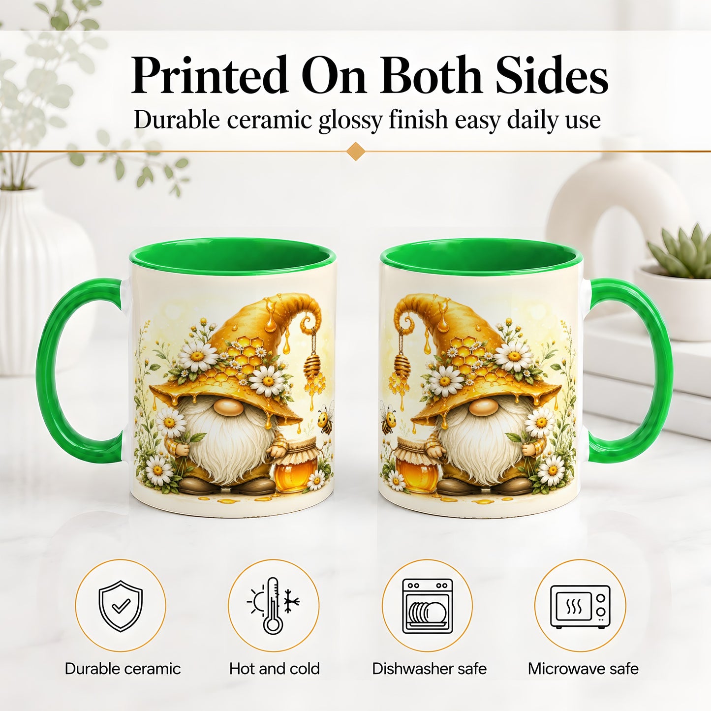 #pl[11oz|Green] Honey Bee Gnome Ceramic Mug, Daisy Honeycomb Garden Floral Art