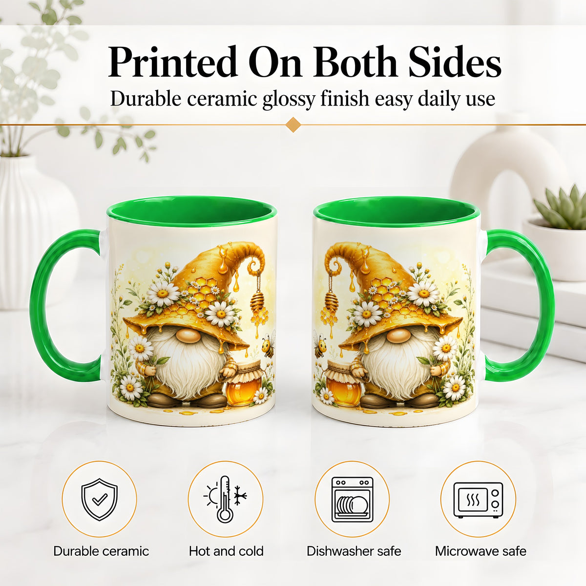 #pl[11oz|Green] Honey Bee Gnome Ceramic Mug, Daisy Honeycomb Garden Floral Art