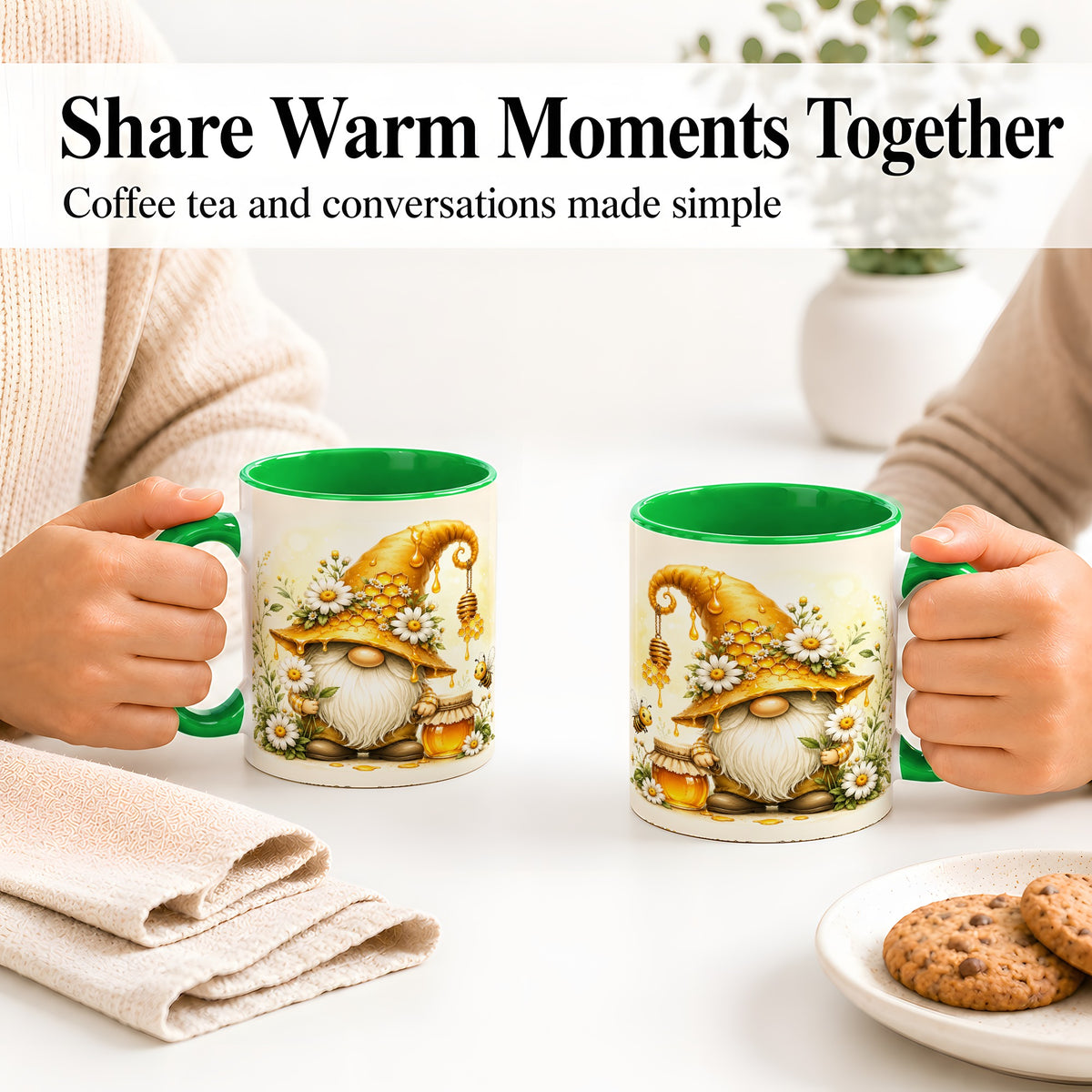 #pl[11oz|Green] Honey Bee Gnome Ceramic Mug, Daisy Honeycomb Garden Floral Art