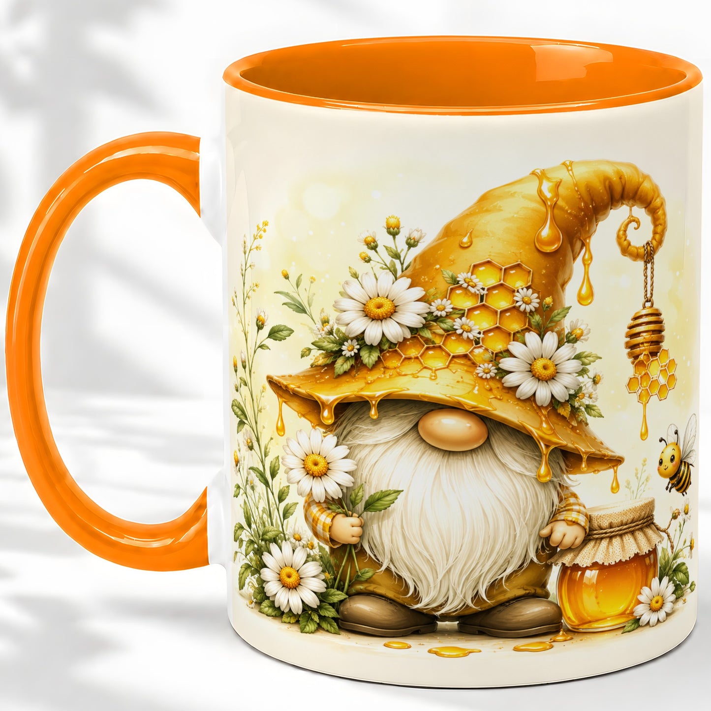 #pl[11oz|Orange] Honey Bee Gnome Ceramic Mug, Daisy Honeycomb Garden Floral Art