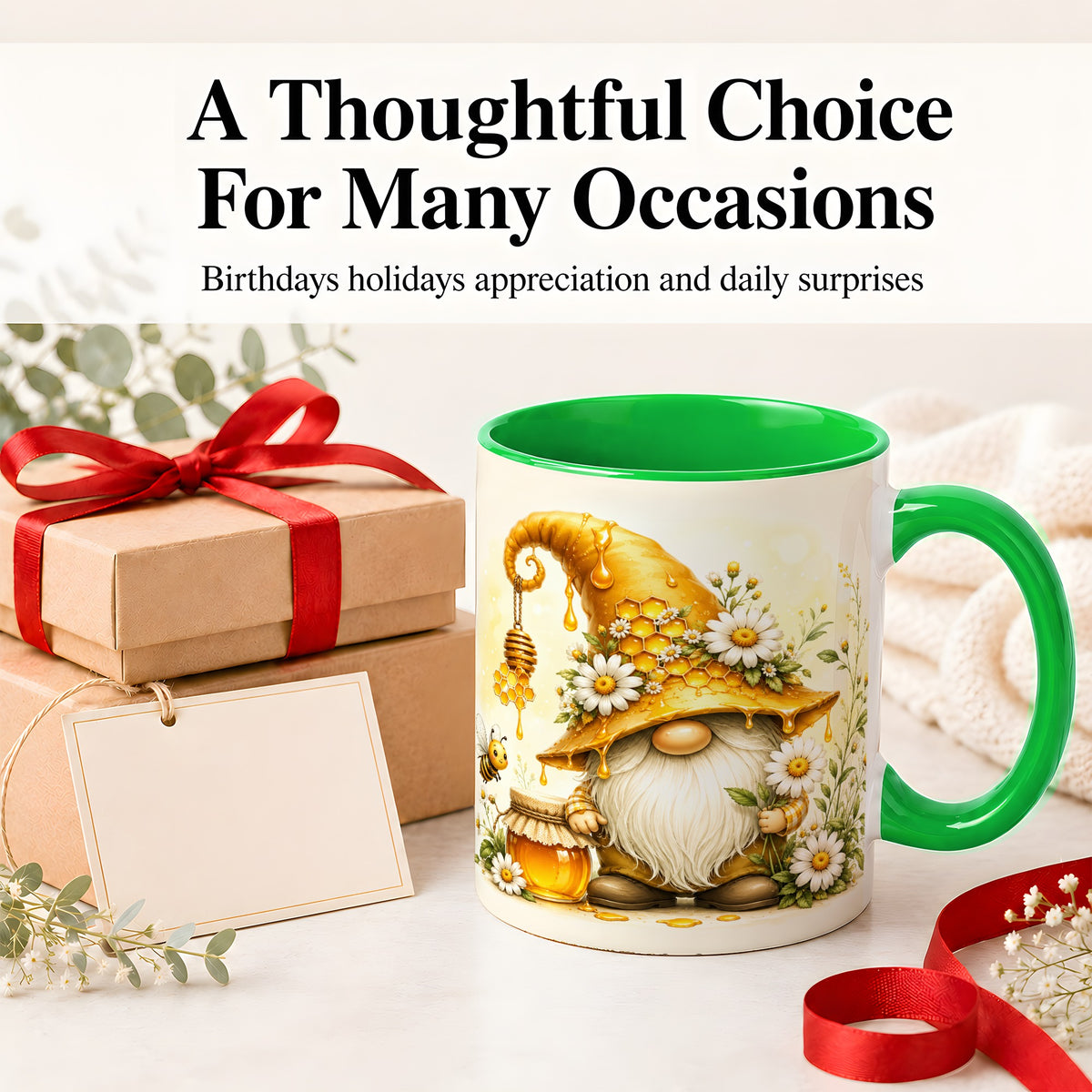 #pl[11oz|Green] Honey Bee Gnome Ceramic Mug, Daisy Honeycomb Garden Floral Art