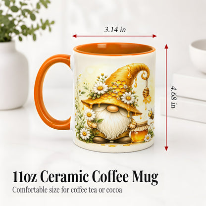 #pl[11oz|Orange] Honey Bee Gnome Ceramic Mug, Daisy Honeycomb Garden Floral Art