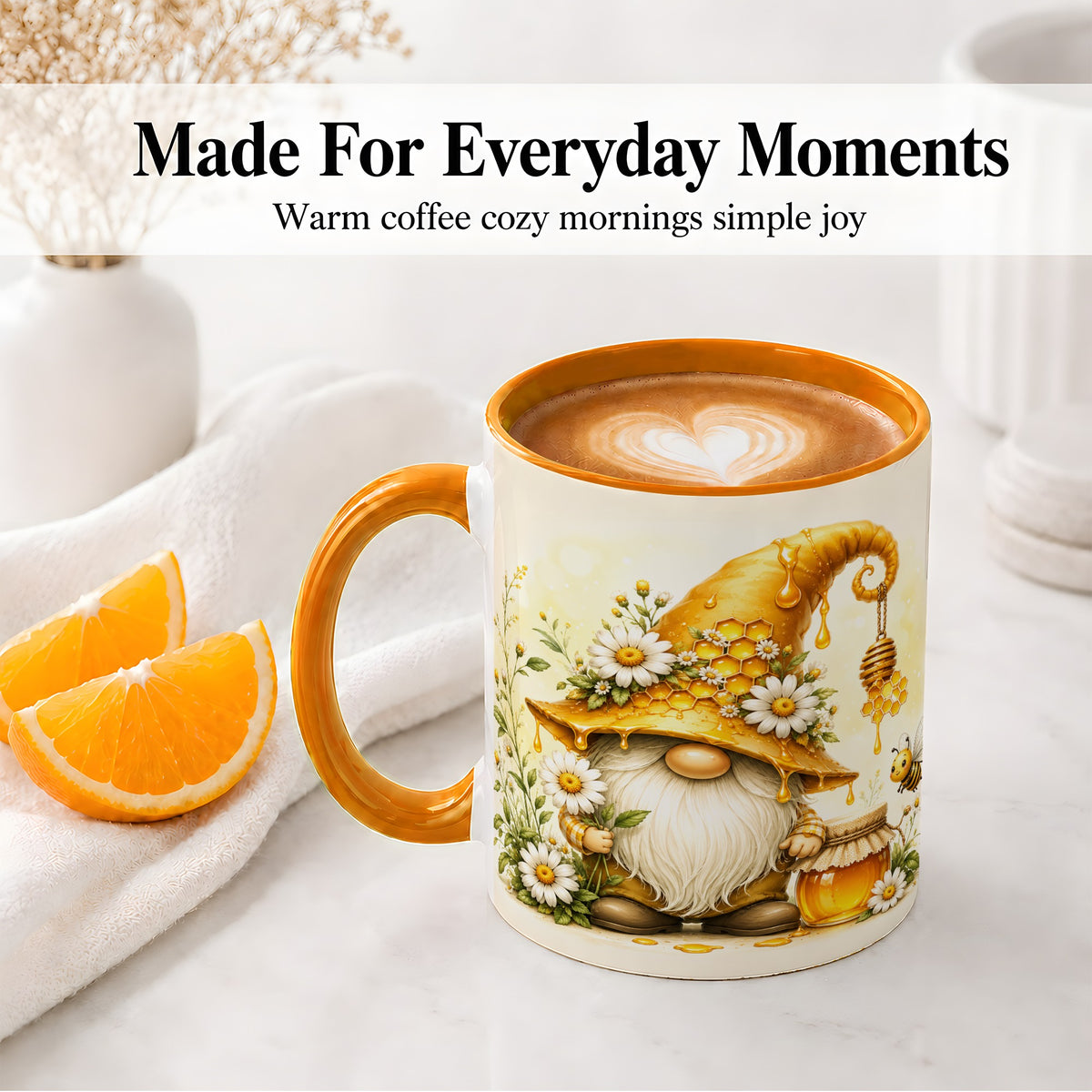 #pl[11oz|Orange] Honey Bee Gnome Ceramic Mug, Daisy Honeycomb Garden Floral Art