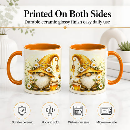 #pl[11oz|Orange] Honey Bee Gnome Ceramic Mug, Daisy Honeycomb Garden Floral Art
