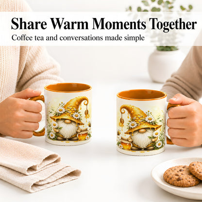 #pl[11oz|Orange] Honey Bee Gnome Ceramic Mug, Daisy Honeycomb Garden Floral Art