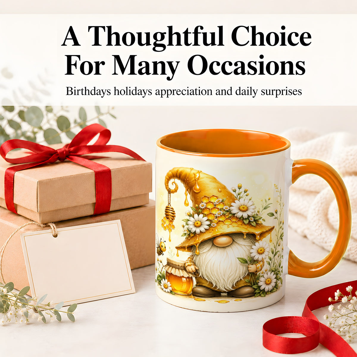 #pl[11oz|Orange] Honey Bee Gnome Ceramic Mug, Daisy Honeycomb Garden Floral Art