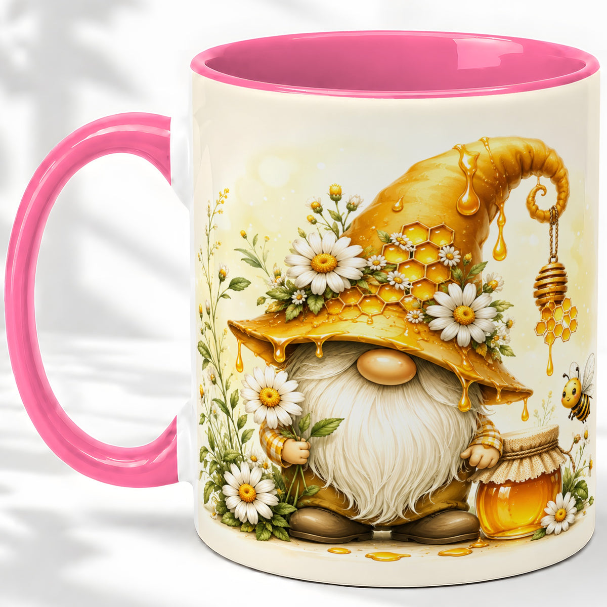 #pl[11oz|Pink] Honey Bee Gnome Ceramic Mug, Daisy Honeycomb Garden Floral Art