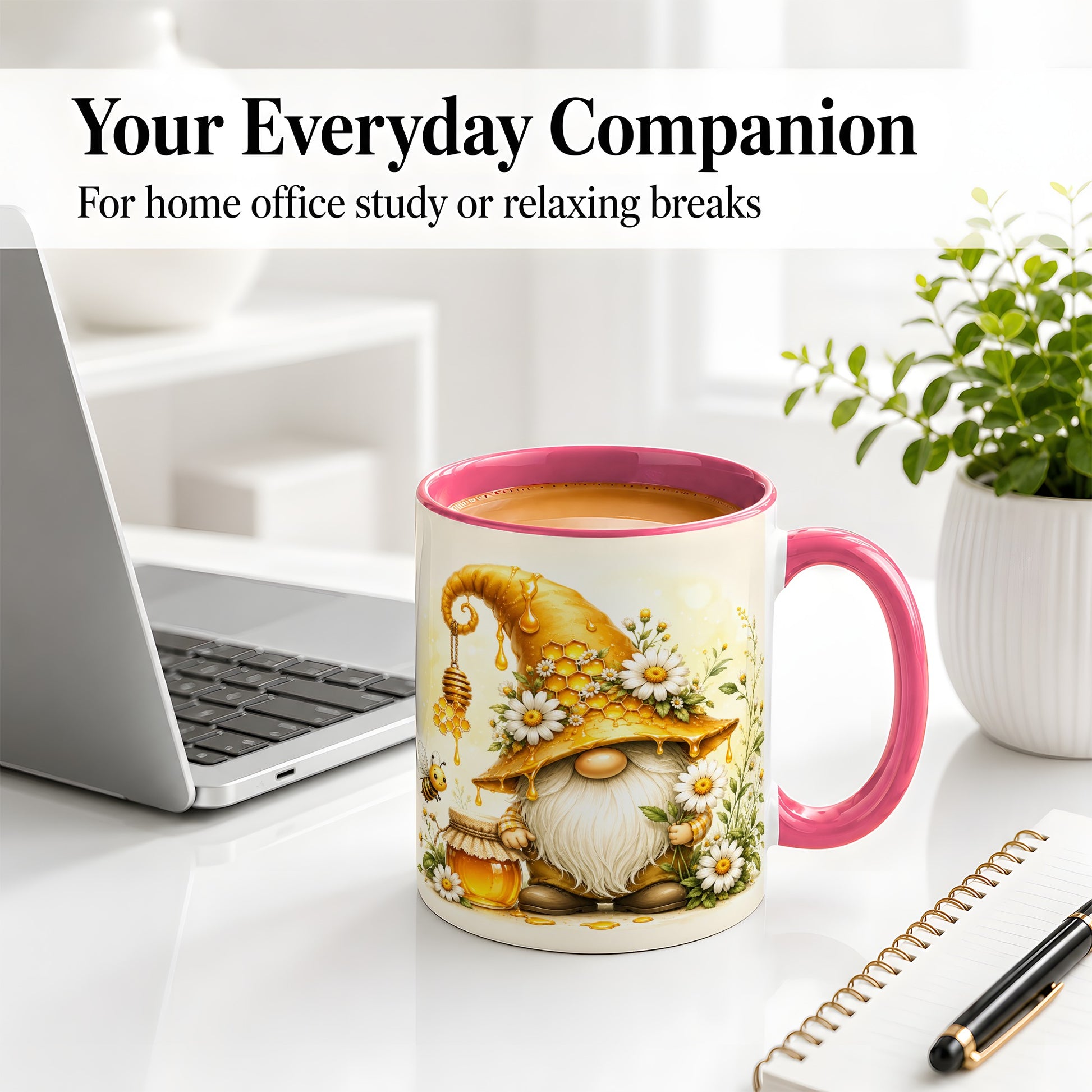 #pl[11oz|Pink] Honey Bee Gnome Ceramic Mug, Daisy Honeycomb Garden Floral Art