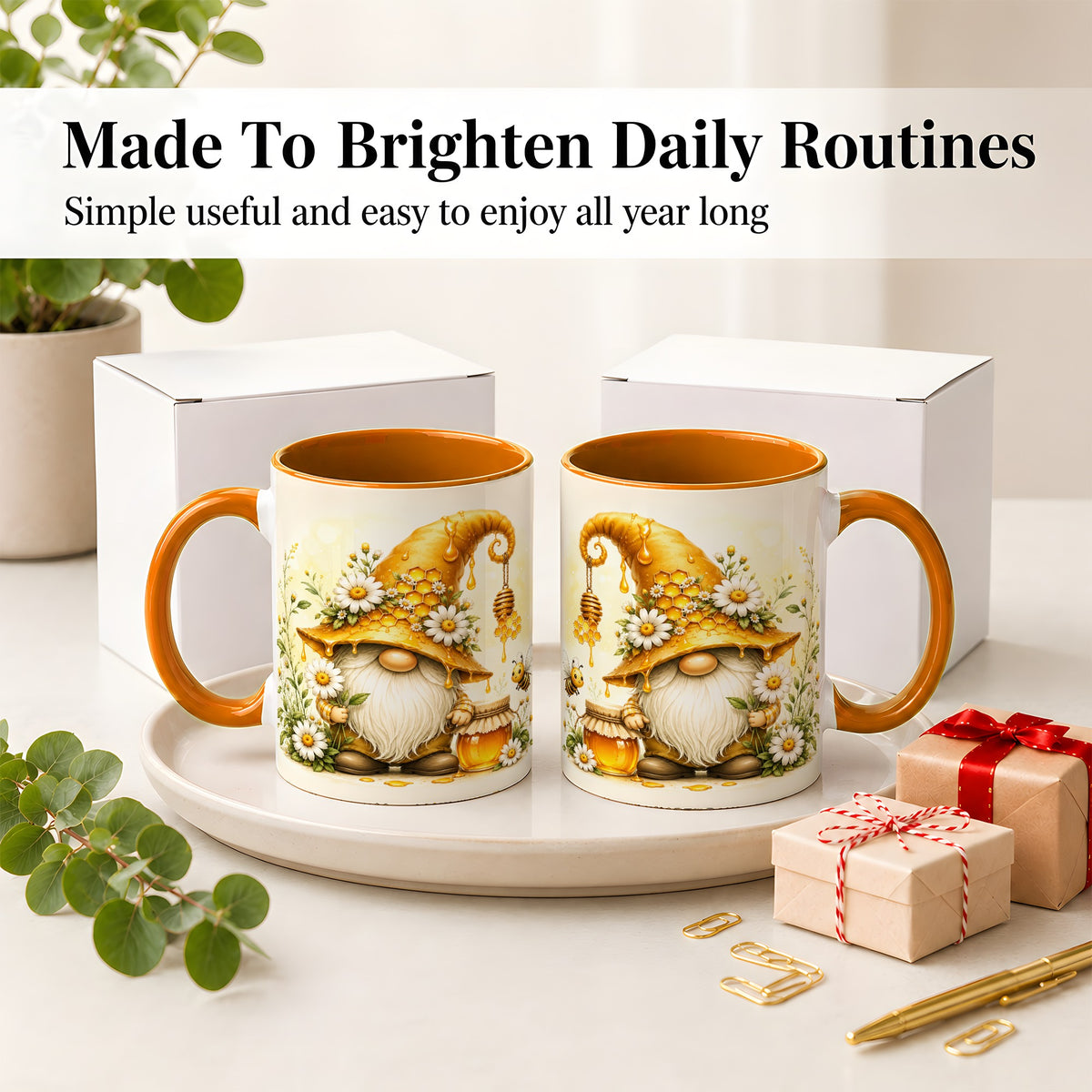 #pl[11oz|Orange] Honey Bee Gnome Ceramic Mug, Daisy Honeycomb Garden Floral Art