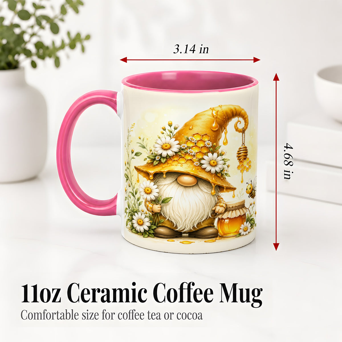 #pl[11oz|Pink] Honey Bee Gnome Ceramic Mug, Daisy Honeycomb Garden Floral Art