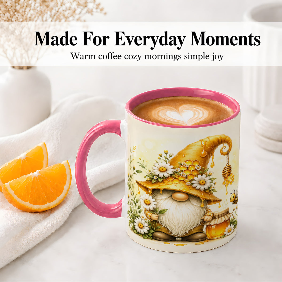 #pl[11oz|Pink] Honey Bee Gnome Ceramic Mug, Daisy Honeycomb Garden Floral Art