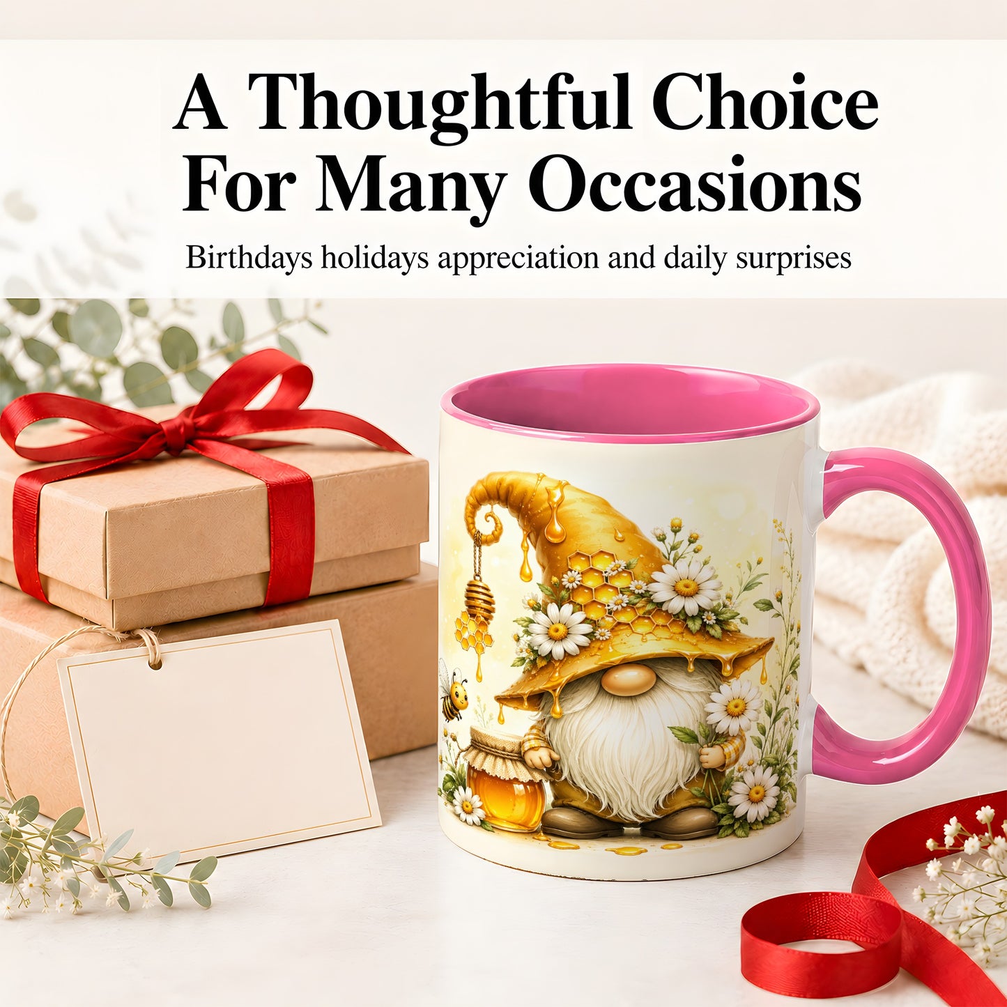 #pl[11oz|Pink] Honey Bee Gnome Ceramic Mug, Daisy Honeycomb Garden Floral Art