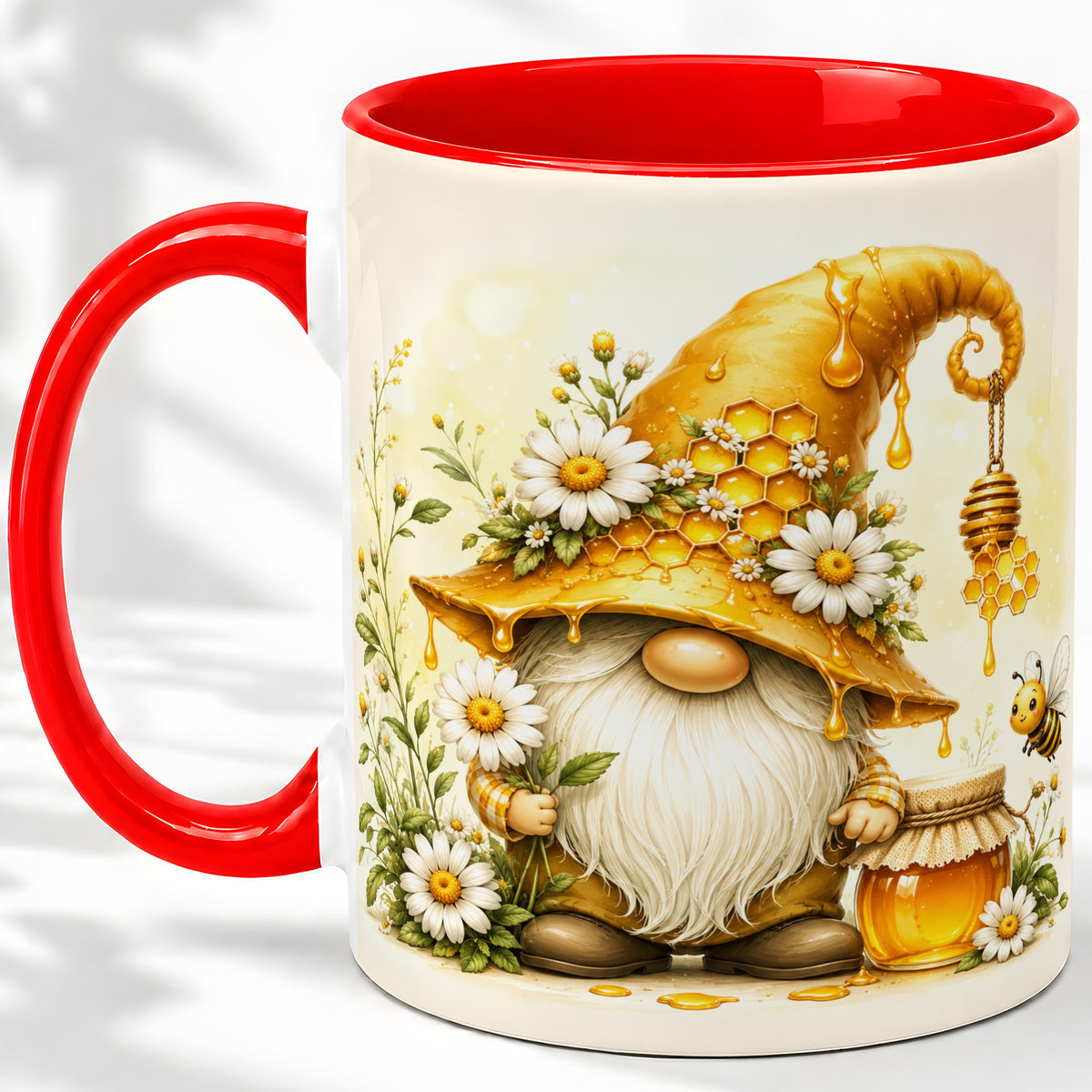 Honey Bee Gnome Ceramic Mug, Daisy Honeycomb Garden Floral Art