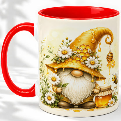 Honey Bee Gnome Ceramic Mug, Daisy Honeycomb Garden Floral Art
