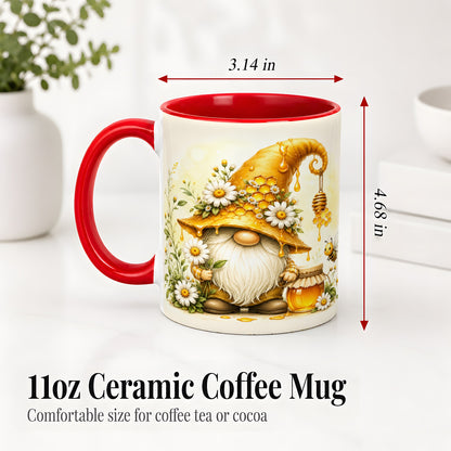 #pl[11oz|Red] Honey Bee Gnome Ceramic Mug, Daisy Honeycomb Garden Floral Art