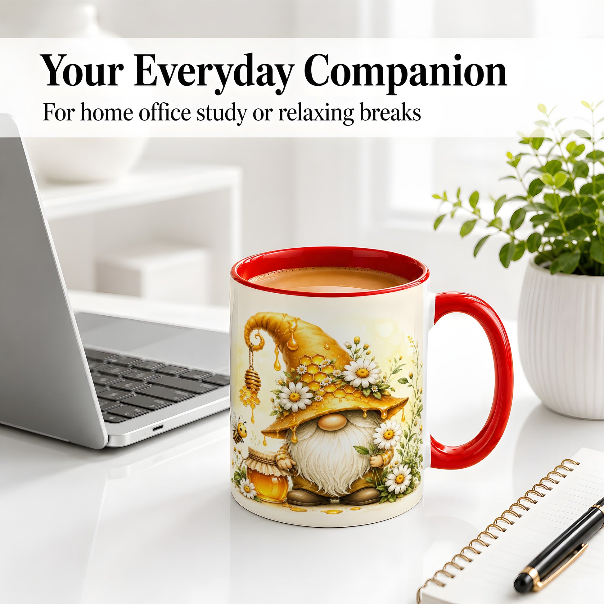 #pl[11oz|Red] Honey Bee Gnome Ceramic Mug, Daisy Honeycomb Garden Floral Art