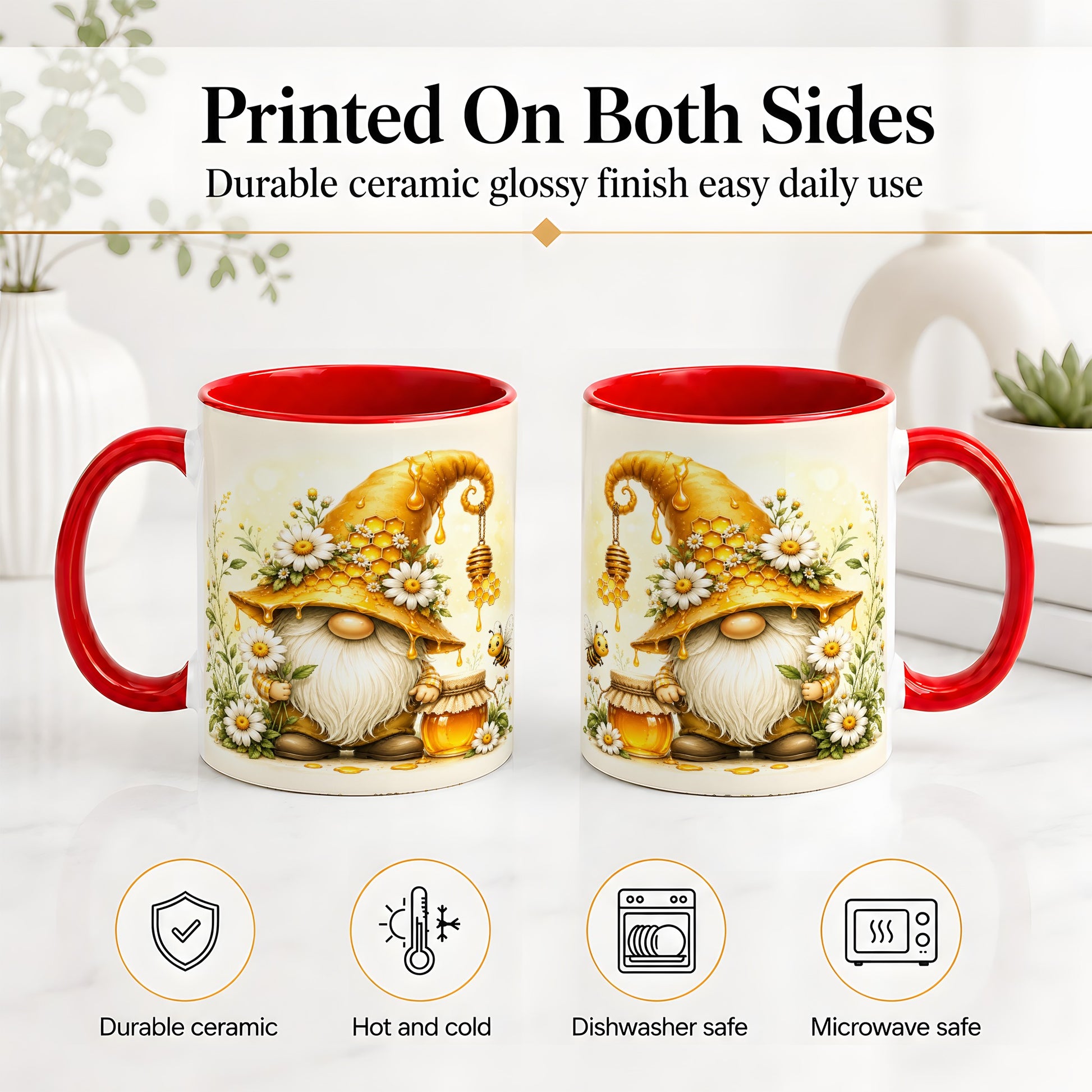 #pl[11oz|Red] Honey Bee Gnome Ceramic Mug, Daisy Honeycomb Garden Floral Art