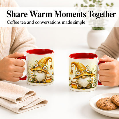 #pl[11oz|Red] Honey Bee Gnome Ceramic Mug, Daisy Honeycomb Garden Floral Art