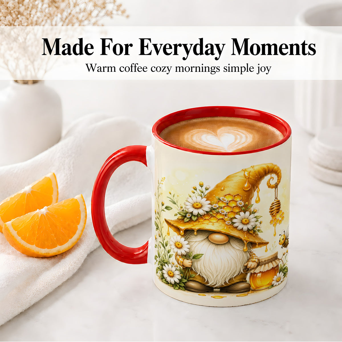 #pl[11oz|Red] Honey Bee Gnome Ceramic Mug, Daisy Honeycomb Garden Floral Art