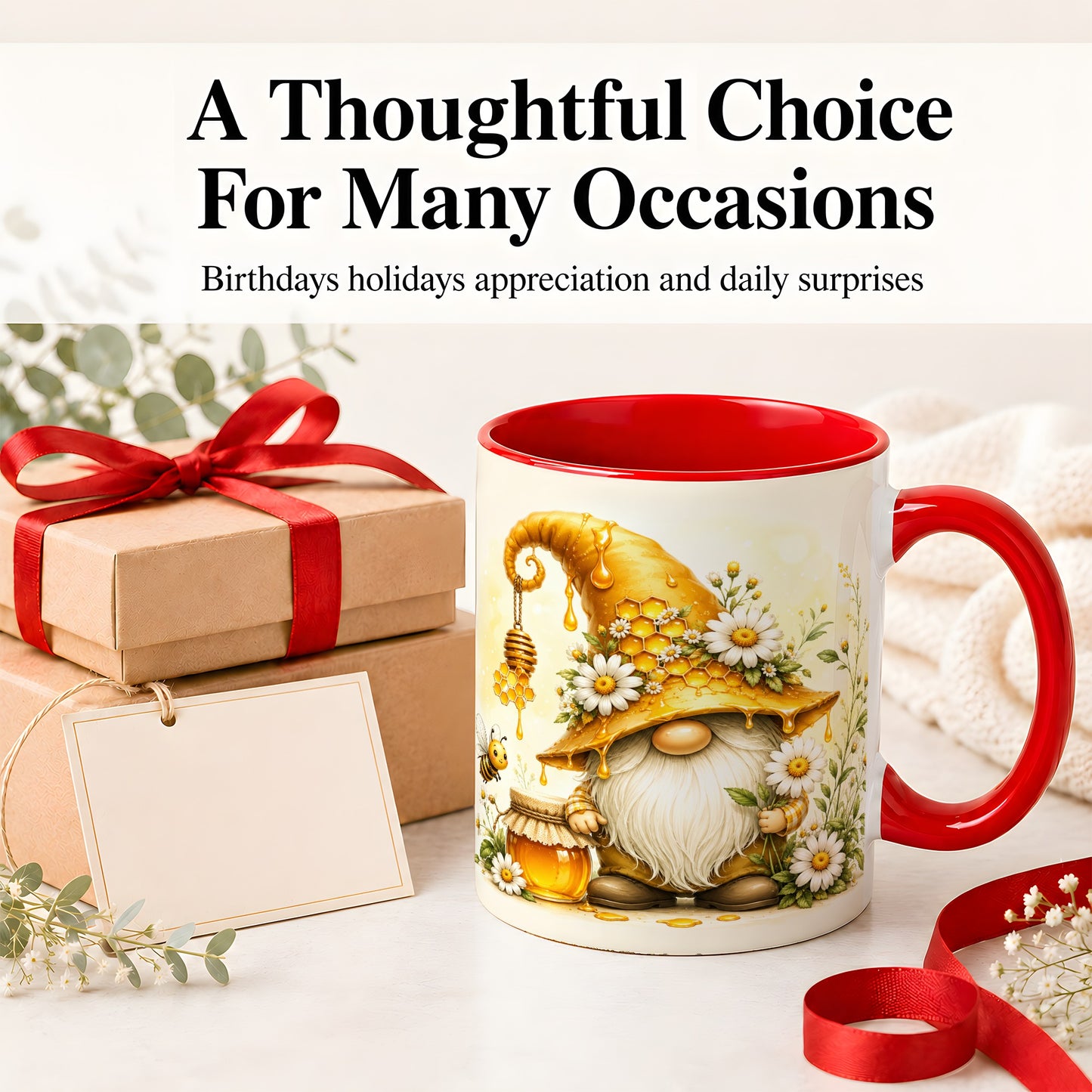 #pl[11oz|Red] Honey Bee Gnome Ceramic Mug, Daisy Honeycomb Garden Floral Art