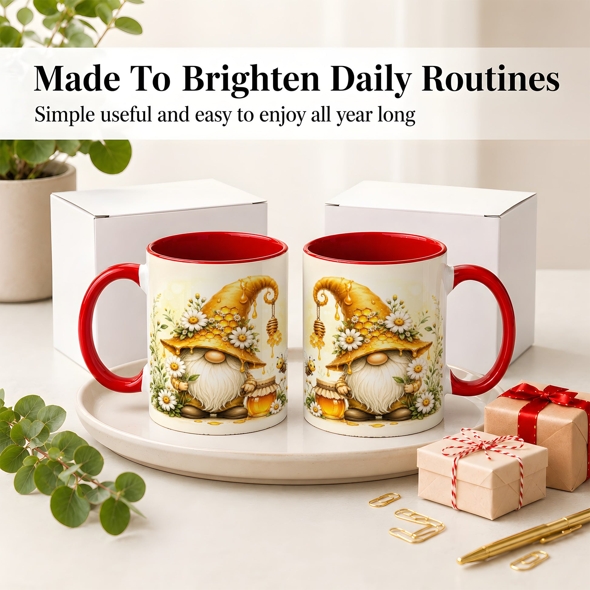 #pl[11oz|Red] Honey Bee Gnome Ceramic Mug, Daisy Honeycomb Garden Floral Art