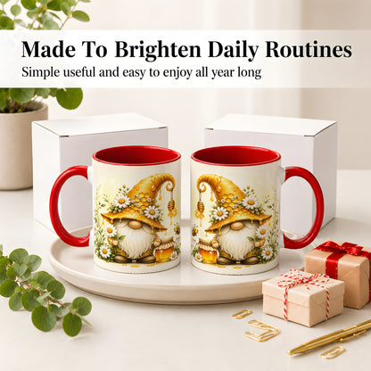 #pl[11oz|Red] Honey Bee Gnome Ceramic Mug, Daisy Honeycomb Garden Floral Art