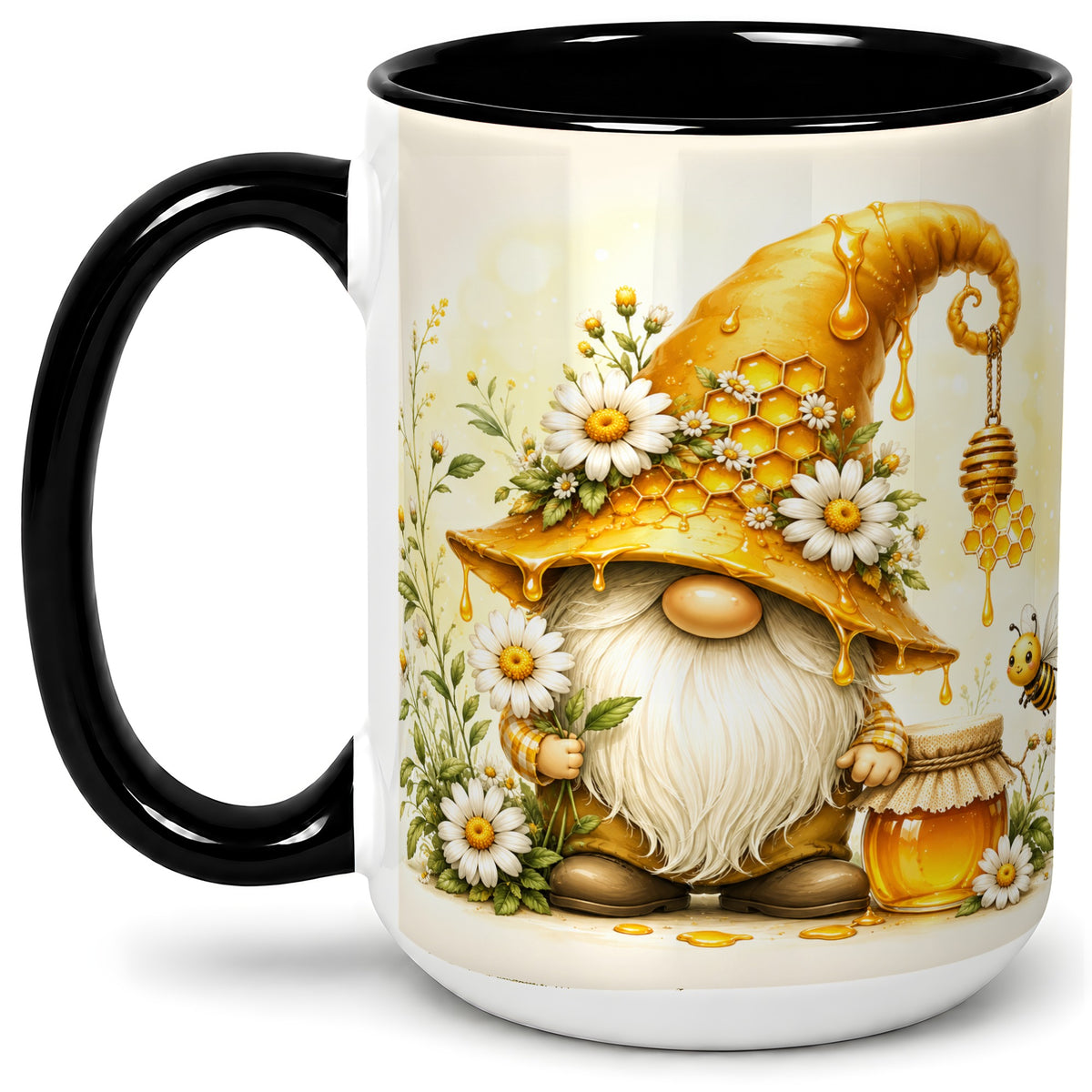 #pl[15oz|Black] Honey Bee Gnome Ceramic Mug, Daisy Honeycomb Garden Floral Art